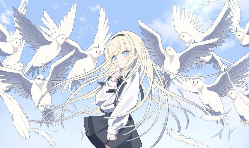 1girl, animal, arm_at_side, bird, black_hairband, black_ribbon, black_skirt, blonde_hair