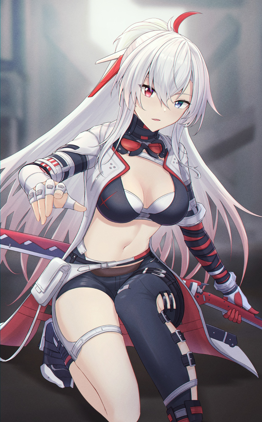 1girl, alpha_(pgr), asymmetrical_clothes, black_pants, black_shoes, black_sports_bra, blue_eyes, breasts