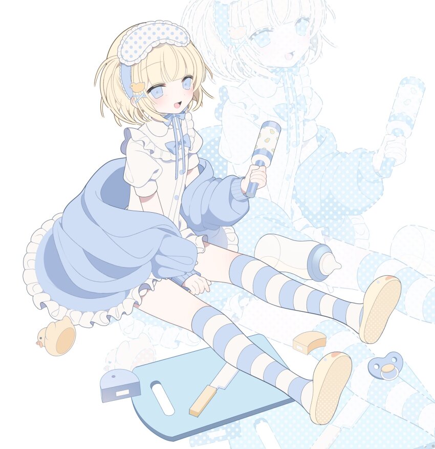 1girl, animal_hair_ornament, arm_between_legs, baby_bottle, blonde_hair, blue_bow, blue_jacket, blue_ribbon, blue_socks, blunt_bangs, bottle, bow, buttons, collared_shirt, cutting_board, duck_hair_ornament, frilled_jacket, frills, full_body, hair_ornament, halftone, halftone_background, highres, holding, horizontal-striped_socks, jacket, jacket_partially_removed, kitchen_knife, knife, kotoruri, looking_at_viewer, object_request, open_clothes, open_jacket, open_mouth, original, over-kneehighs, pacifier, polka_dot, puffy_short_sleeves, puffy_sleeves, ribbon, rubber_duck, shirt, shoes, short_hair, short_sleeves, simple_background, sitting, smile, socks, solo, striped_clothes, striped_socks, thighhighs, toy_block, two-tone_socks, white_background, white_shirt, white_socks, x_hair_ornament, yellow_shoes, zoom_layer