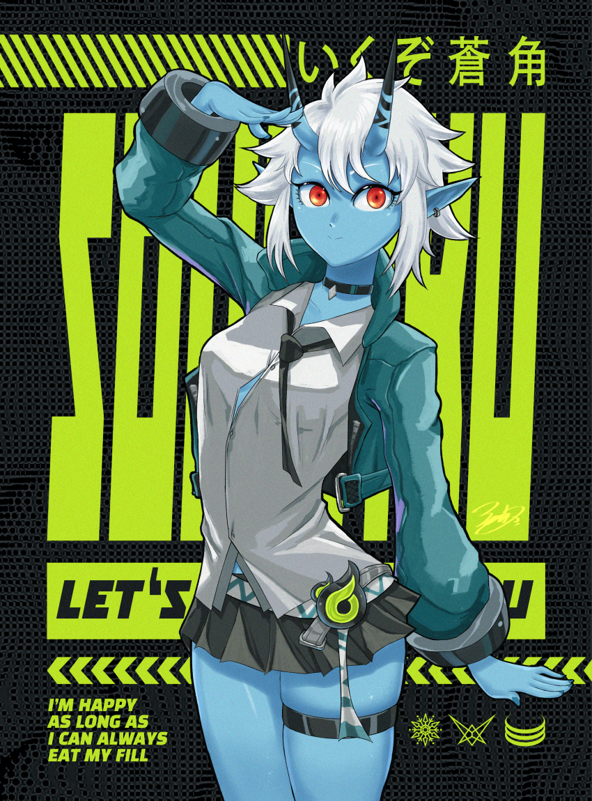 1girl, absurdres, arm_at_side, arm_up, black_necktie, black_skirt, blue_horns, blue_oni, blue_skin, buttons, choker, closed_mouth, collared_shirt, colored_skin, cowboy_shot, cropped_jacket, earrings, fingernails, green_jacket, hair_between_eyes, hair_between_horns, highres, horns, jacket, jewelry, long_sleeves, looking_at_viewer, microskirt, necktie, oni, open_clothes, open_jacket, outstretched_hand, pointy_ears, red_eyes, shirt, short_hair, skindentation, skirt, smile, solo, soukaku_(zenless_zone_zero), thigh_strap, white_hair, white_shirt, wing_collar, yomz_(sayomphu_2010), zenless_zone_zero