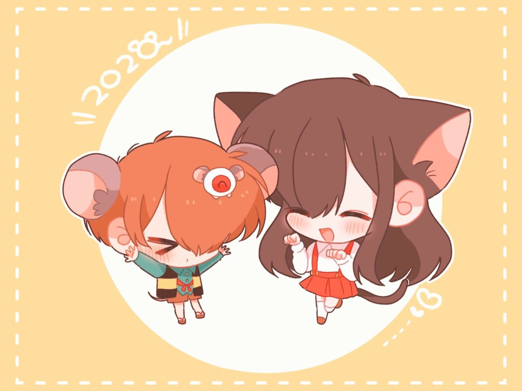 >_<, 1boy, 1girl, animal_ears, apukoma, brown_hair, cat_ears, cat_girl