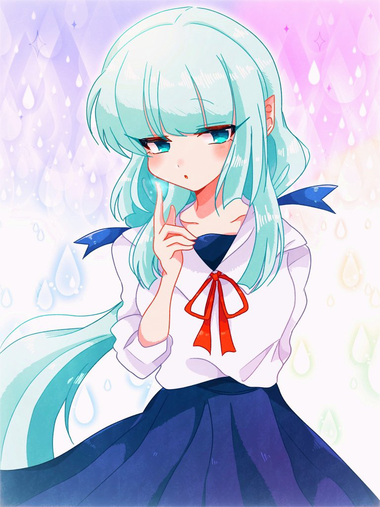 1girl, apukoma, blue_eyes, blue_hair, blue_skirt, blush, collarbone, eyelashes