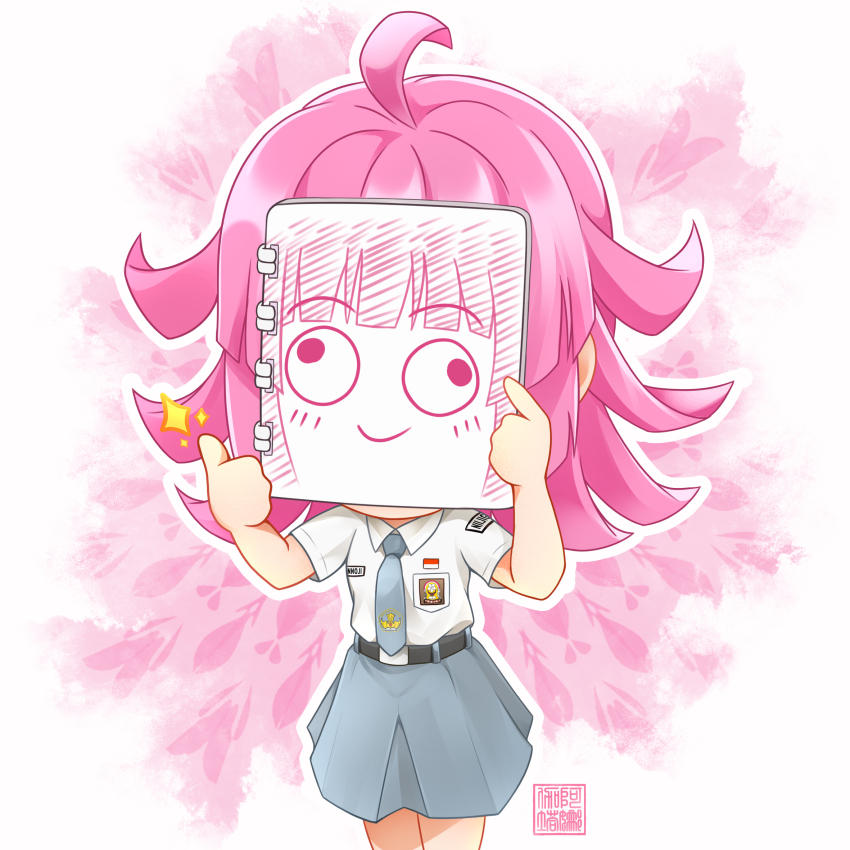 1girl, ahoge, anagatajavanese, belt, black_belt, blunt_ends, breast_pocket, character_name, chibi, collared_shirt, commentary, copyright_name, grey_necktie, grey_skirt, hands_up, highres, holding, holding_sketchbook, indonesian_flag, indonesian_high_school_uniform, love_live!, love_live!_nijigasaki_high_school_idol_club, medium_hair, meme, necktie, outline, patch, pleated_skirt, pocket, rina-chan_board, school_uniform, seal_script, shirt, shirt_tucked_in, short_sleeves, shoulder_patch, sketchbook, skirt, solo, sparkle, standing, tennoji_rina, teri_derp_(meme), thumbs_up, upper_body, white_outline, white_shirt