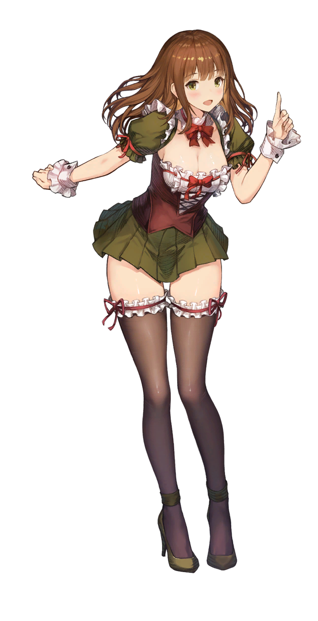 1girl, armpits, blush, bow, bowtie, breasts, brown_dust_(series), brown_dust_2, brown_hair, brown_thighhighs, cleavage, collar, corset, dress, elin_(brown_dust), eyebrows_hidden_by_hair, full_body, game_cg, green_dress, green_eyes, hair_between_eyes, high_heels, highres, large_breasts, looking_at_viewer, medium_hair, non-web_source, official_art, open_mouth, pointing, pointing_up, red_bow, red_bowtie, red_corset, shoes, simple_background, solo, stiletto_heels, thigh_strap, thighhighs, transparent_background, white_collar, white_wrist_cuffs, wrist_cuffs, yellow_shoes
