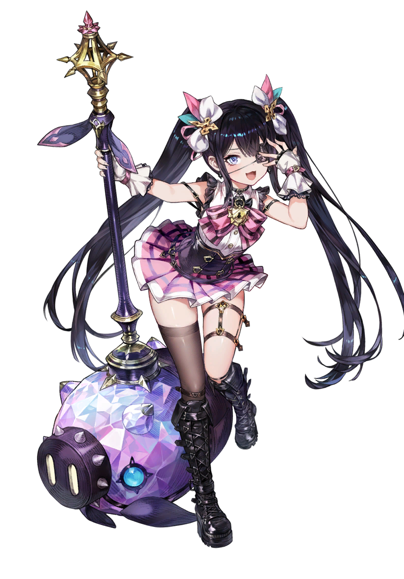 1girl, asymmetrical_legwear, black_hair, blue_eyes, blush, boots, breasts, brown_dust_(series), brown_dust_2, brown_thighhighs, corset, cute_weapon, dress, eyebrows_hidden_by_hair, eyepatch, fingerless_gloves, flower, frilled_dress, frills, full_body, game_cg, gloves, hair_between_eyes, hair_flower, hair_ornament, hammer, holding, holding_hammer, huge_weapon, lace-up_boots, layla_(brown_dust), lock_necklace, long_bangs, long_hair, looking_at_viewer, non-web_source, official_art, pink_dress, platform_boots, platform_footwear, purple_corset, simple_background, small_breasts, smile, solo, standing, standing_on_one_leg, thigh_strap, thighhighs, transparent_background, twintails, very_long_hair, weapon, white_gloves