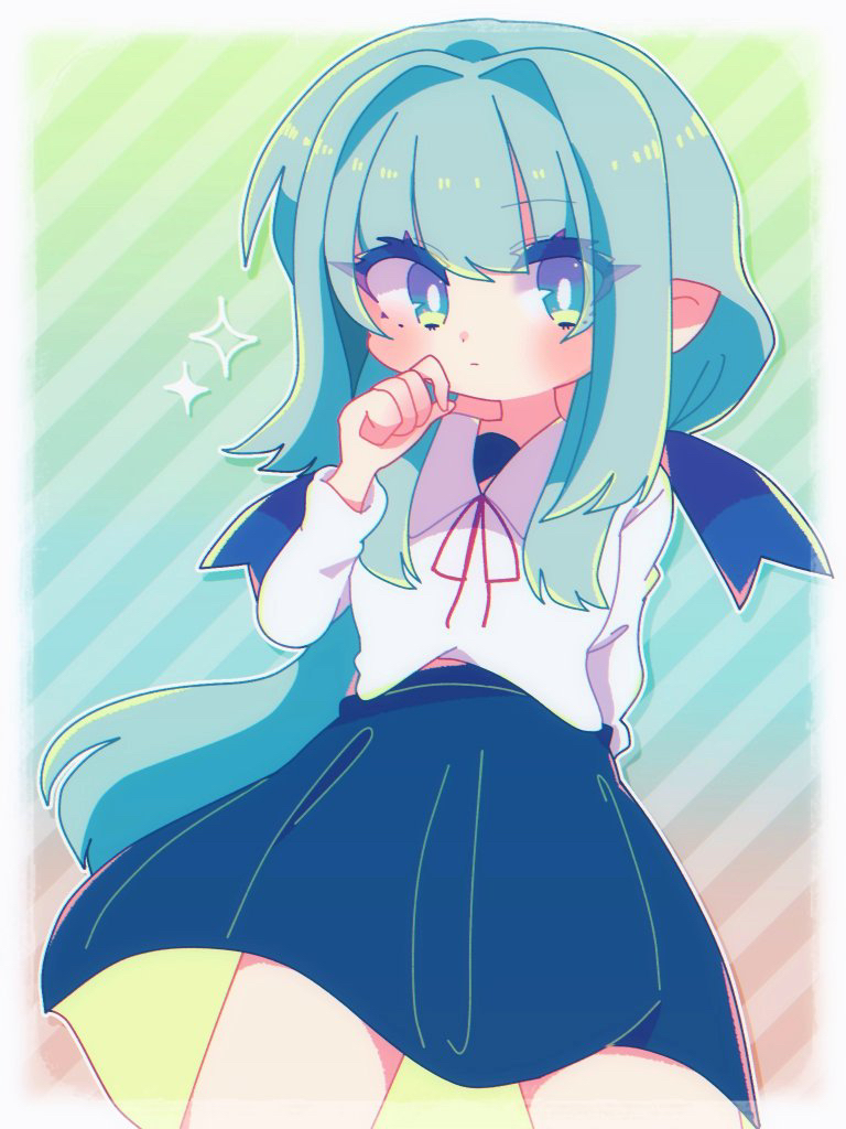 1girl, apukoma, arm_behind_back, blue_eyes, blue_hair, blue_skirt, blush, border