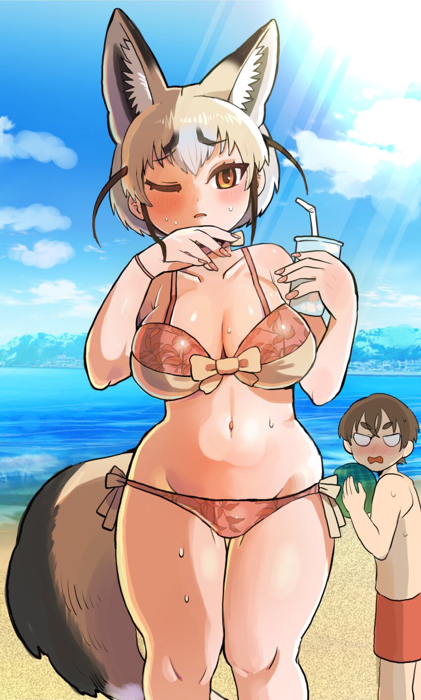 1boy, 1girl, absurdres, animal_ears, beach, bikini, black_hair, blank_eyes