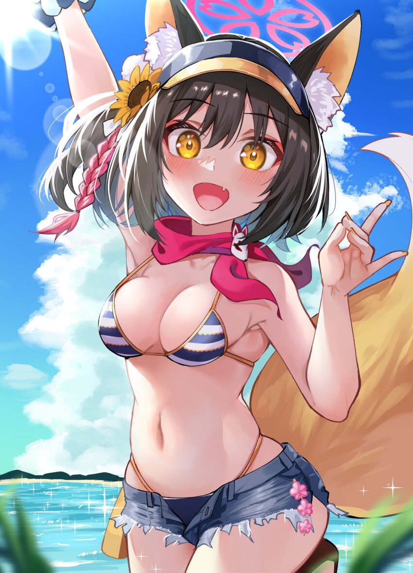 1girl, animal_ear_fluff, animal_ears, arm_up, bikini, blue_archive, blue_sky, braid
