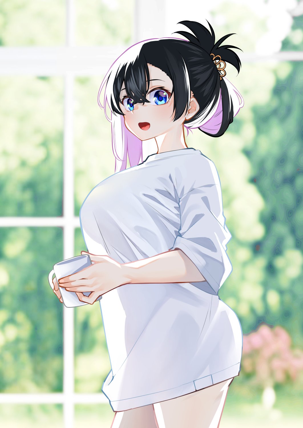 1girl, black_hair, blue_eyes, blurry, blurry_background, breasts, commentary_request, cowboy_shot, crossed_bangs, cup, dorobou-chan, folded_ponytail, from_side, highres, hitotose_hirune, holding, holding_cup, large_breasts, looking_at_viewer, mug, multicolored_hair, naked_shirt, nemukata_(dorobou-chan), open_mouth, purple_hair, see-through_silhouette, shirt, solo, two-tone_hair, white_shirt