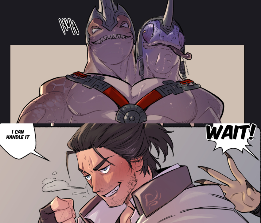 3boys, adventurer_(ff14), bakool_ja_ja, bara, beard_stubble, blue_eyes, chest_harness, english_text, facial_hair, fake_horns, final_fantasy, final_fantasy_xiv, furry, furry_male, furry_with_non-furry, hair_slicked_back, harness, helmet, horned_helmet, horns, hyur, interspecies, kukumomo, large_pectorals, male_focus, mature_male, medium_hair, multiple_boys, muscular, muscular_male, mustache_stubble, paid_reward_available, pectorals, reptile_boy, scar, scar_across_eye, scar_on_face, sharp_teeth, speech_bubble, split_screen, steam_from_nose, stubble, sweat, teeth, thick_eyebrows, tongue, tongue_out, very_sweaty, viper_(final_fantasy), warrior_of_light_(ff14), yaoi