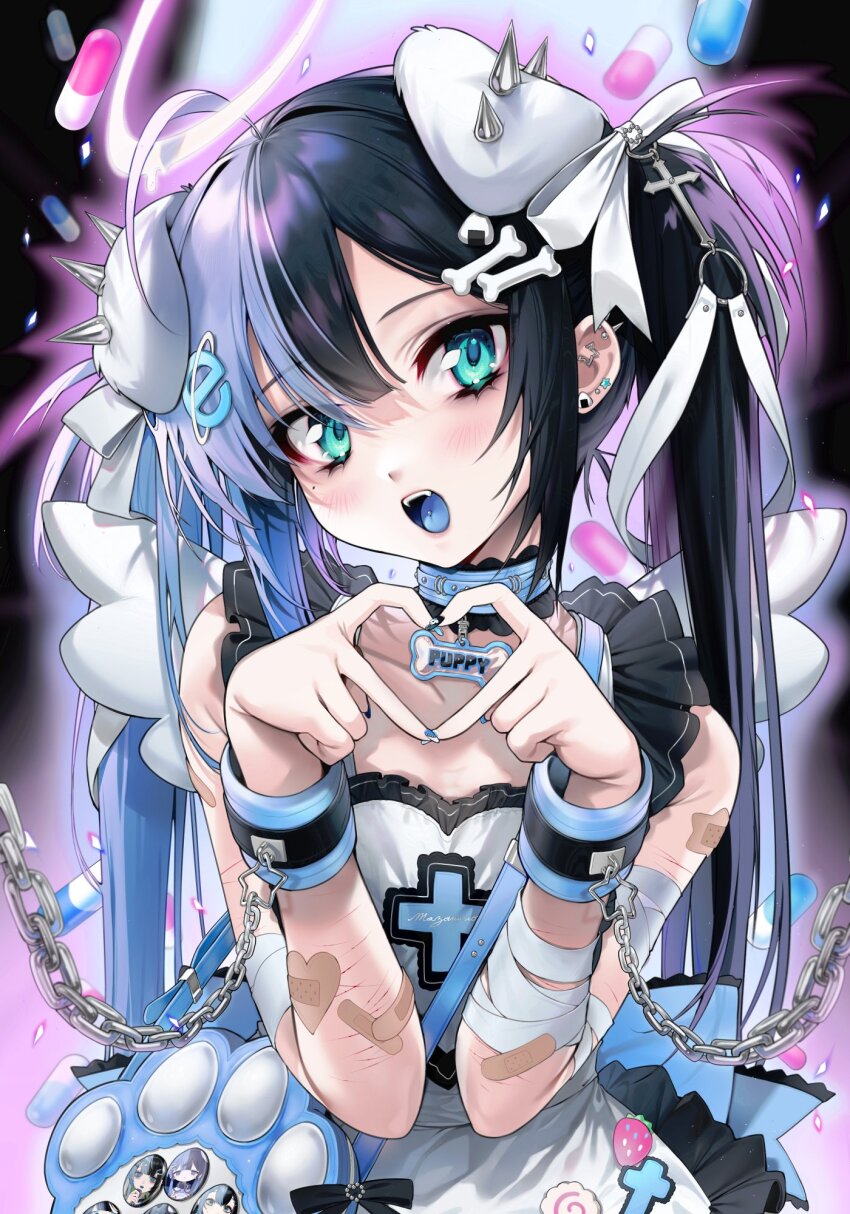 1boy, ahoge, animal_ears, aqua_eyes, back_bow, bandaged_arm, bandages, bandaid, bandaid_on_arm, bare_shoulders, black_hair, black_ribbon, black_trim, blue_bow, blue_collar, blue_hair, blue_nails, blue_tongue, blush, bone_hair_ornament, bow, center-flap_bangs, chain, collar, collarbone, colored_inner_hair, colored_tongue, cross, dog_ears, dress, ear_piercing, earrings, fangs, food-themed_earrings, food-themed_hair_ornament, frilled_collar, frilled_dress, frills, gradient_hair, hair_between_eyes, hair_ornament, hair_ribbon, halo, hands_up, head_tilt, heart, heart-shaped_bandaid, heart_hands, highres, indie_virtual_youtuber, internet_explorer, jewelry, juriken, long_hair, looking_at_viewer, mazamuno, multicolored_hair, nail_polish, onigiri_earrings, onigiri_hair_ornament, open_mouth, piercing, pill, purple_hair, ribbon, scar, simple_background, solo, spiked_ear_piercing, spikes, split-color_hair, teeth, tongue_piercing, trap, twintails, upper_body, upper_teeth_only, virtual_youtuber, white_dress, white_halo, white_ribbon, white_wings, wings