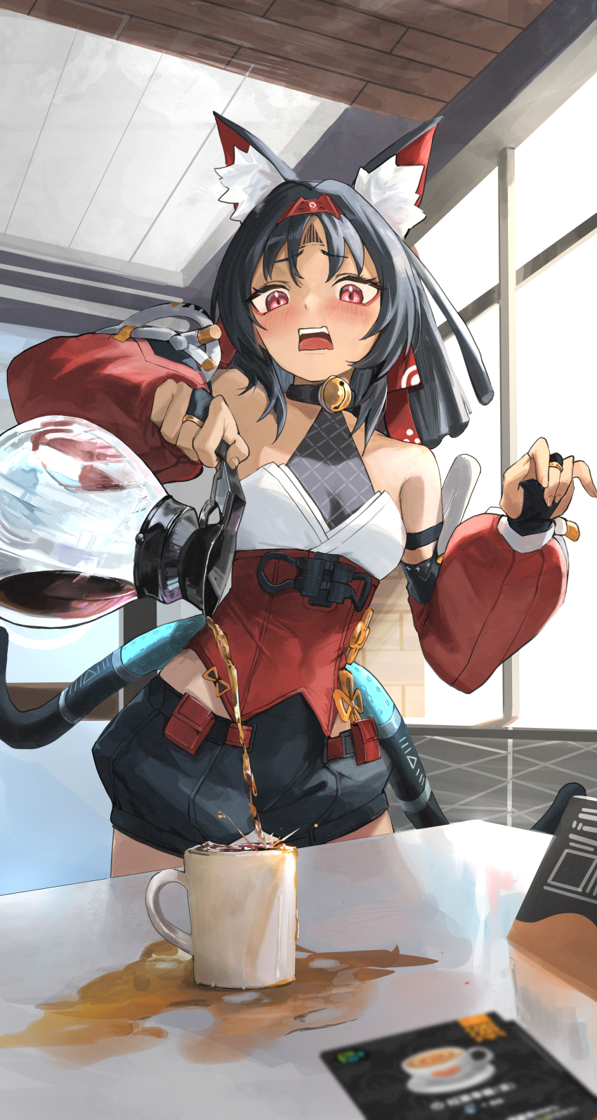 1girl, absurdres, animal_ear_fluff, animal_ears, bare_shoulders, black_hair, black_thighhighs, bow