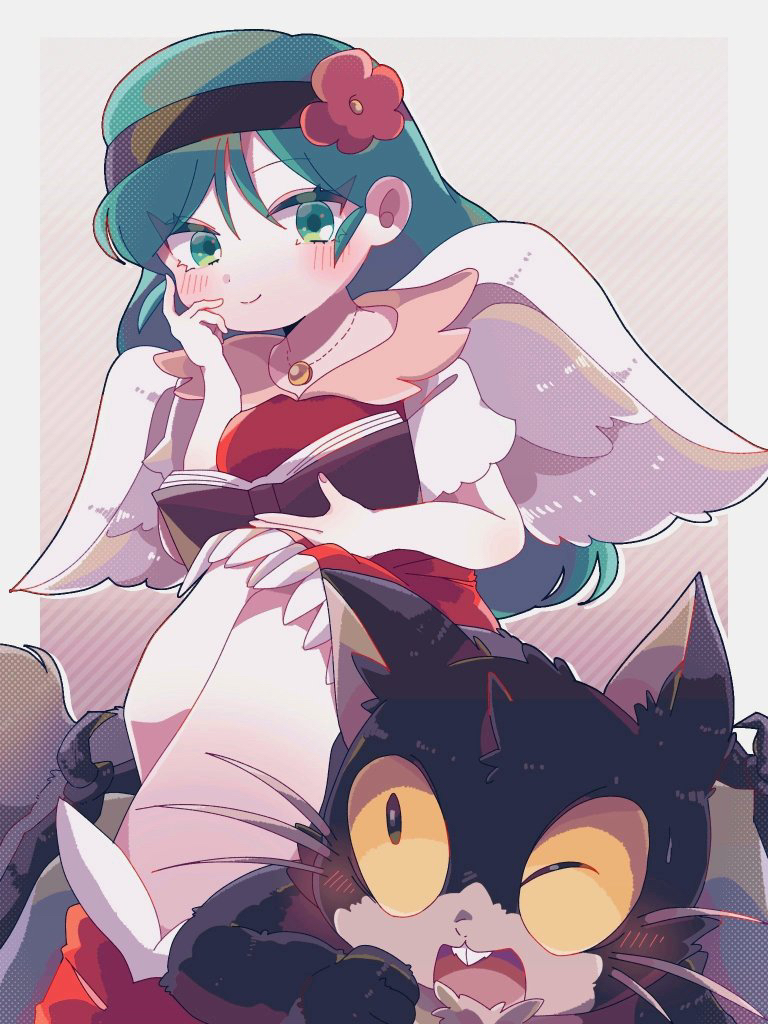 1girl, apukoma, black_hairband, blush, book, border, cat, closed_mouth