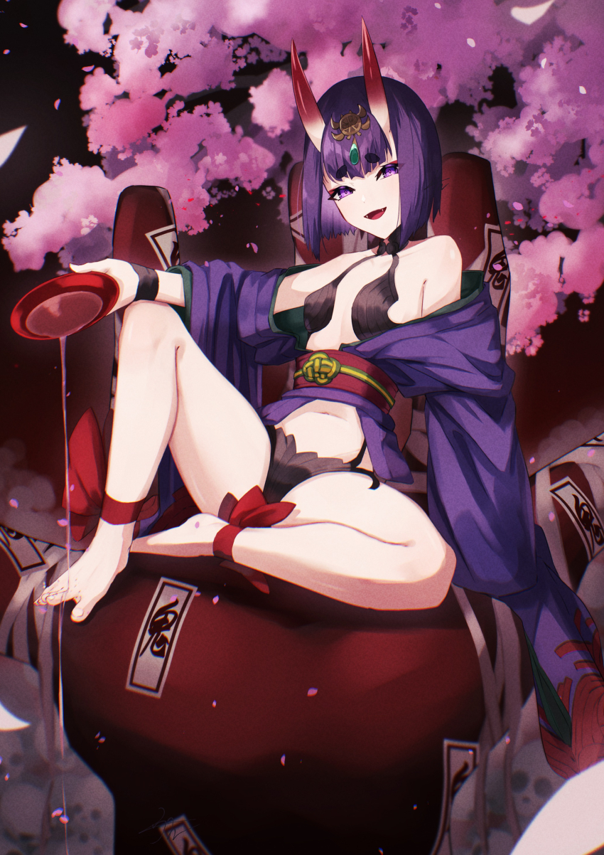 1girl, absurdres, alcohol, ankle_ribbon, bare_shoulders, barefoot, breasts, cherry_blossoms, collarbone, cup, eyeliner, fate/grand_order, fate_(series), headpiece, highres, horns, izanaware_game, japanese_clothes, kimono, leg_ribbon, long_sleeves, looking_at_viewer, makeup, navel, obi, oni, open_mouth, purple_eyes, purple_hair, purple_kimono, revealing_clothes, ribbon, sakazuki, sake, sash, short_hair, short_kimono, shuten_douji_(fate), sitting, skin-covered_horns, small_breasts, smile, solo, tree, wide_sleeves