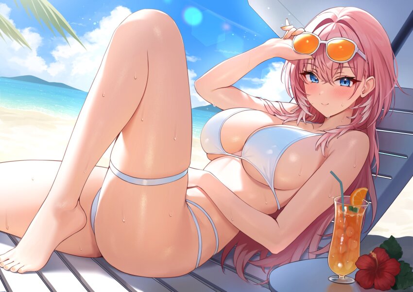 1girl, ass, barefoot, beach_chair, beach_umbrella, bikini, blue_eyes, blush