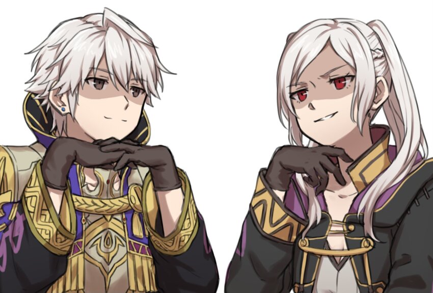 1boy, 1girl, black_robe, breasts, brown_eyes, cleavage, dual_persona, earrings, eyes_of_grima, female_robin_(fire_emblem), female_robin_(grima)_(fire_emblem), fire_emblem, fire_emblem_awakening, fire_emblem_heroes, gendou_pose, gloves, hair_between_eyes, hands_clasped, highres, hood, jewelry, long_hair, long_sleeves, looking_at_another, male_robin_(grandmaster)_(fire_emblem), male_robin_(fire_emblem), nintendo, official_alternate_costume, own_hands_clasped, own_hands_together, parted_lips, red_eyes, robe, shaded_face, short_hair, simple_background, smile, smirk, stud_earrings, twintails, upper_body, white_background, white_hair, zuzu_(ywpd8853)