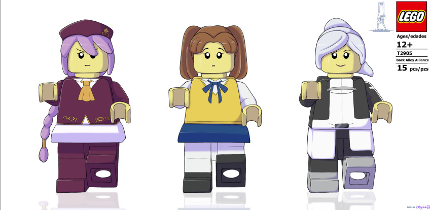 3girls, back_alley_alliance, blue_bow, blue_skirt, bow, brown_hair, d0gduk, hat