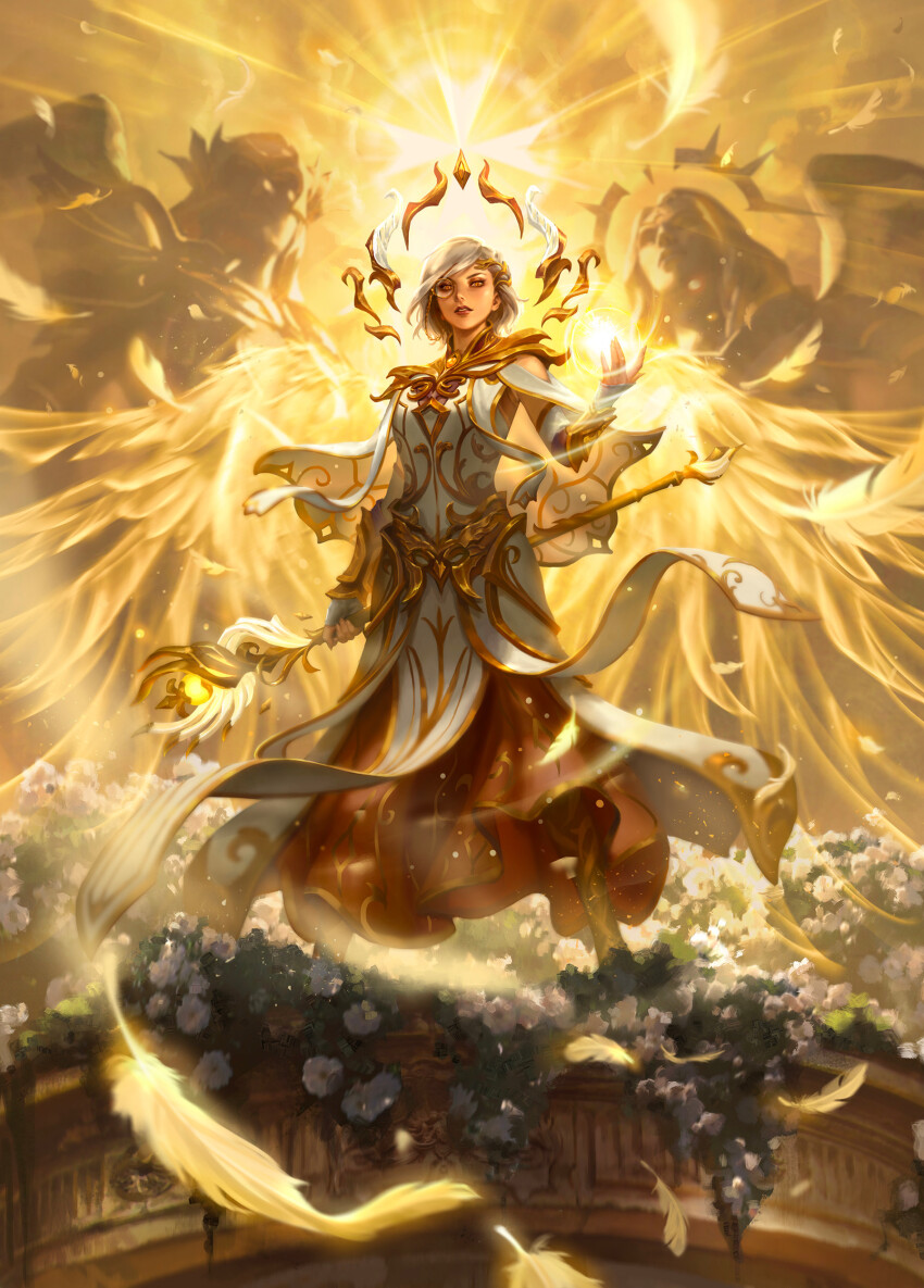 1girl, absurdres, angel_wings, energy_ball, falling_feathers, feathers, fingerless_gloves, flesh_and_blood, flower, gloves, hair_ornament, highres, holding, holding_staff, livia_prima, looking_at_viewer, luminaris, monocle, official_art, parted_lips, prism_(flesh_and_blood), solo, staff, wings, yellow_eyes