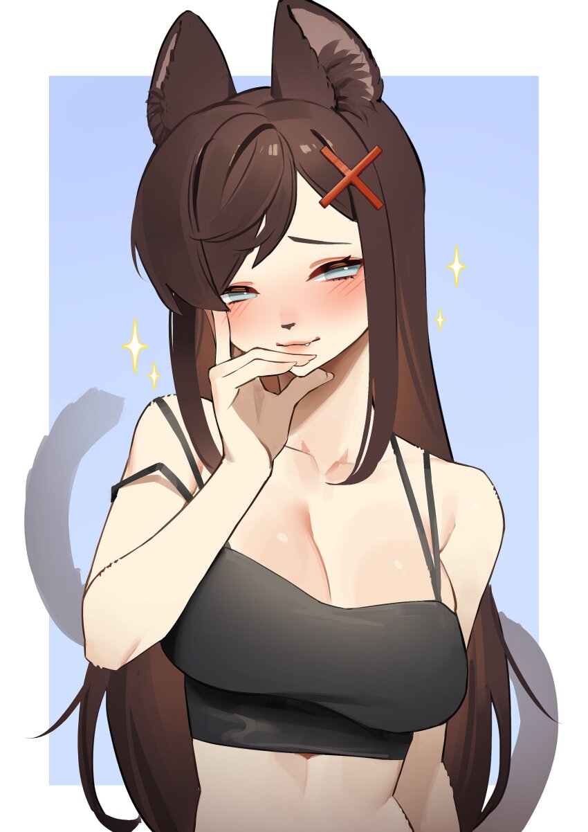 1girl, absurdres, alternate_hair_length, alternate_hairstyle, animal_ear_fluff, animal_ears, animal_nose, black_camisole, blue_background, blue_eyes, blush, body_fur, borrowed_character, breasts, brown_hair, camisole, cat_ears, cat_girl, cat_tail, cleavage, collarbone, commentary, crop_top, english_commentary, fang, fang_out, furry, furry_female, hair_ornament, hairclip, half-closed_eyes, hand_on_own_chin, highres, large_breasts, light_smile, long_hair, looking_at_viewer, mimi_(akiko_oc), multi-strapped_camisole, original, simple_background, solo, spaghetti_strap, sparkle, strap_slip, tail, tostantan, x_hair_ornament