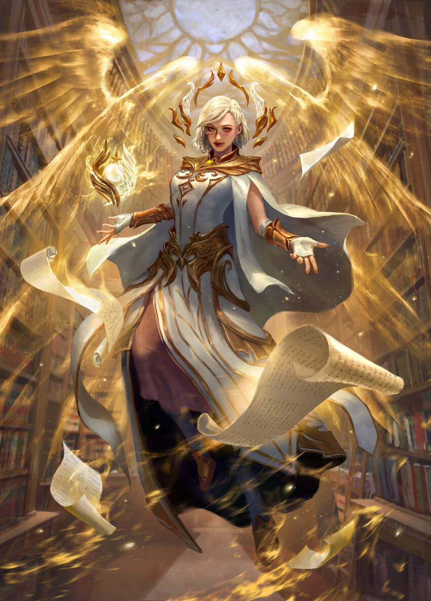 1girl, absurdres, angel_wings, falling_paper, fingerless_gloves, flesh_and_blood, floating, gloves, highres, library, livia_prima, looking_at_viewer, luminaris, monocle, official_art, prism_(flesh_and_blood), short_hair, white_hair, wings