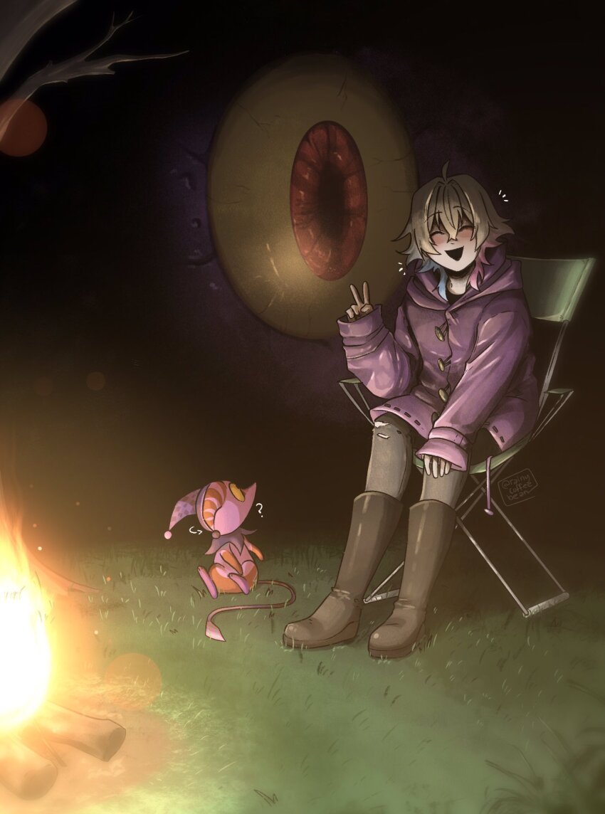 1boy, ?, alternate_costume, bettelion_(gavis_bettel), blue_hair, boots, campfire, chair