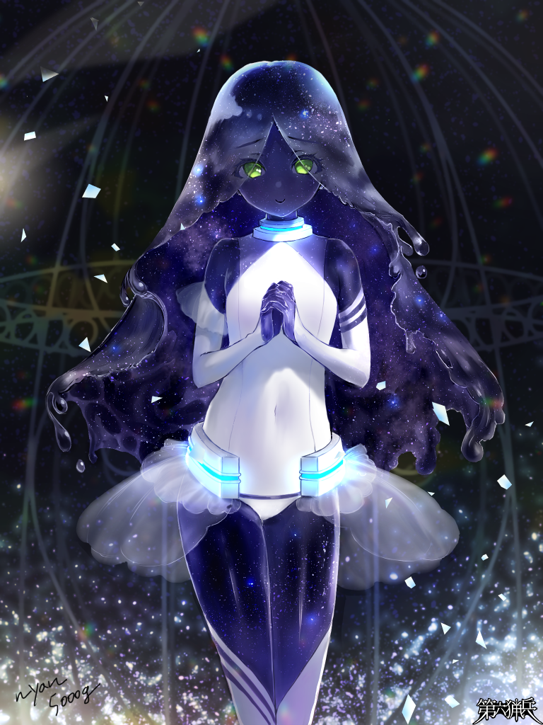 1girl, aigurei_blue, artist_name, black_background, black_hair, black_skin, colored_skin, copyright_name, covered_navel, dairoku_ryouhei, green_eyes, leotard, long_hair, looking_at_viewer, nyan5000, own_hands_together, see-through_clothes, see-through_skirt, skirt, solo, standing, white_leotard