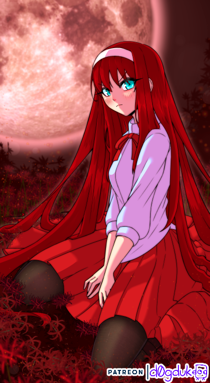 1girl, angry, blue_eyes, breasts, d0gduk, flower, full_moon, hands_on_lap