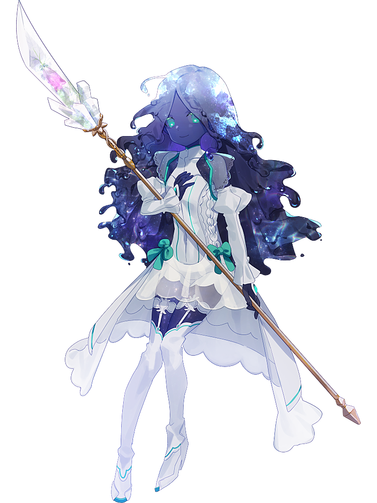 1girl, ahoge, aigurei_blue, aqua_bow, aqua_eyes, black_hair, black_skin, bow, breasts, colored_inner_hair, colored_skin, dairoku_ryouhei, dress, dress_bow, full_body, garter_straps, holding, holding_polearm, holding_weapon, long_hair, long_sleeves, multicolored_hair, osimaru, polearm, puffy_long_sleeves, puffy_sleeves, purple_hair, small_breasts, smile, solo, thighhighs, transparent_background, weapon, white_dress, white_footwear, white_thighhighs