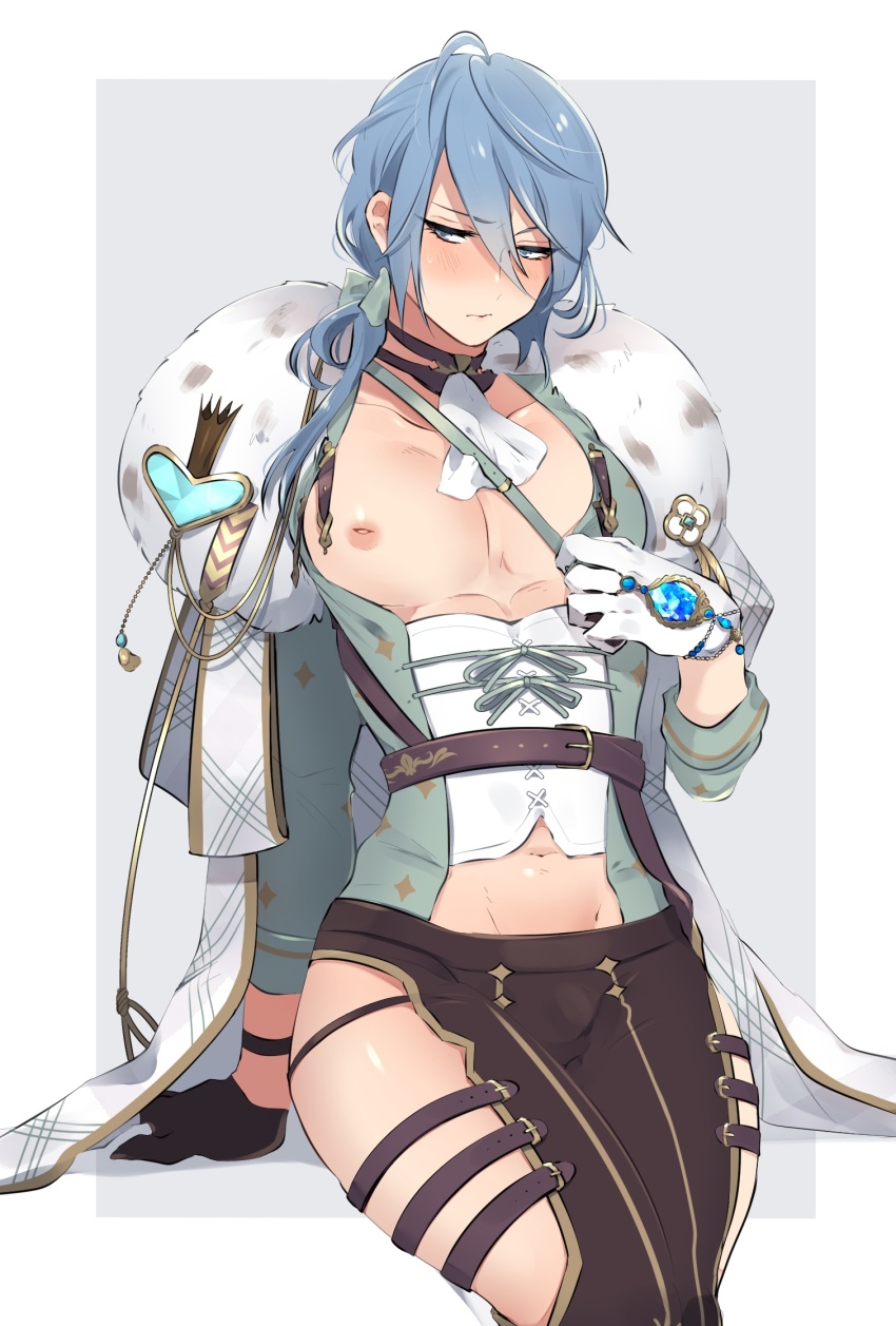 1boy, arm_support, ascot, bishounen, black_gloves, blue_eyes, blue_gem, blue_hair, blush, bulge, commentary_request, edmond_(nu_carnival), edmond_(sweet_aroma)_(nu_carnival), eyelashes, gem, girly_boy, gloves, hair_between_eyes, half_gloves, highres, light_blue_hair, long_hair, long_sleeves, looking_to_the_side, low_ponytail, male_focus, navel, nipples, niwa_(niwa827), nu_carnival, pectorals, ponytail, revealing_clothes, shy, simple_background, solo, toned, toned_male, trap, white_ascot, white_gloves