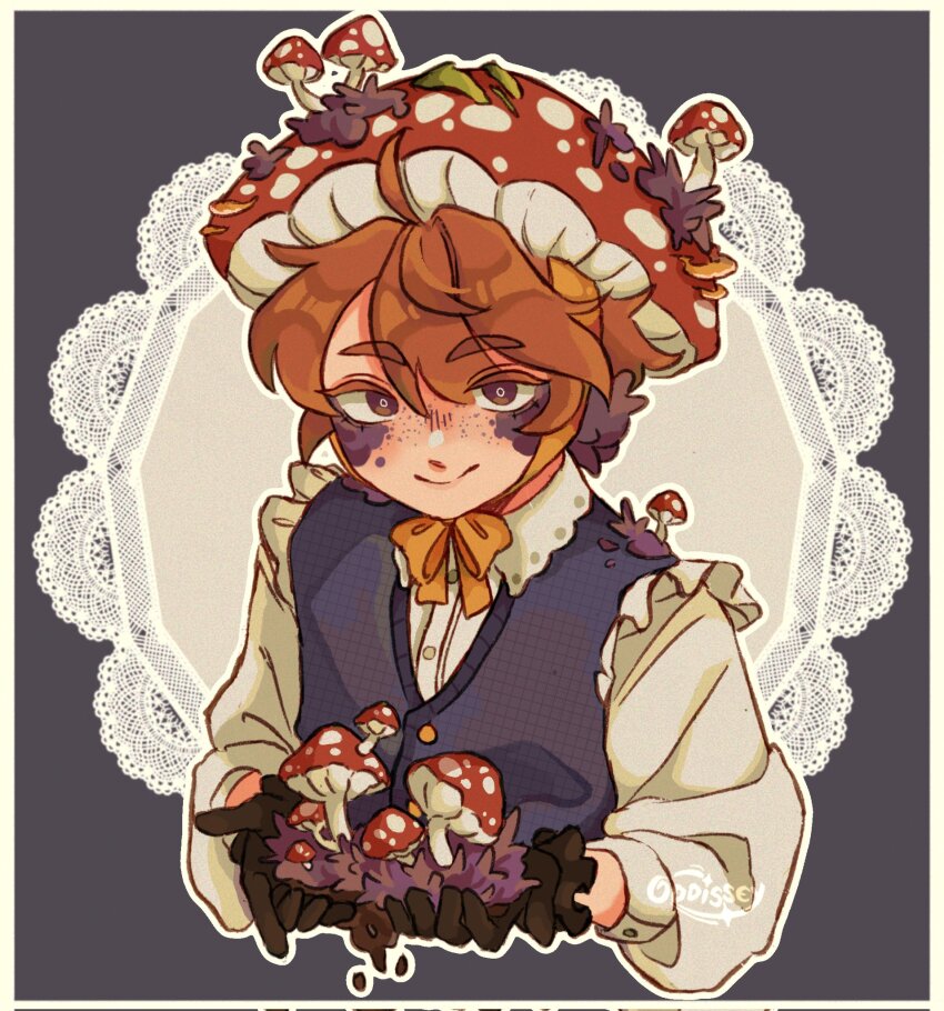 1boy, adapted_costume, aegyo_sal, ahoge, bishounen, black_gloves, border, brown_eyes