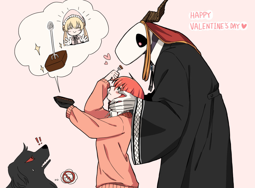 !, !!, 1boy, 2girls, :>, animal_skull, black_coat, bonnet