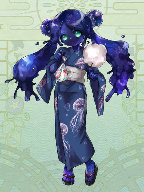 1girl, aigurei_blue, black_kimono, black_sclera, black_skin, colored_sclera, colored_skin, cotton_candy, dairoku_ryouhei, double_bun, food, full_body, green_background, green_eyes, hachimayu_(tw), hair_bun, holding, holding_cotton_candy, holding_food, japanese_clothes, jellyfish_print, kimono, long_hair, obi, print_kimono, sandals, sash, smile, solo, twintails, wide_sleeves