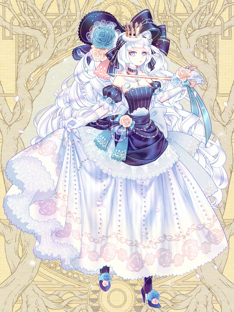 1girl, amelie_helville, black_dress, black_ribbon, blue_eyes, breasts, crown, dairoku_ryouhei