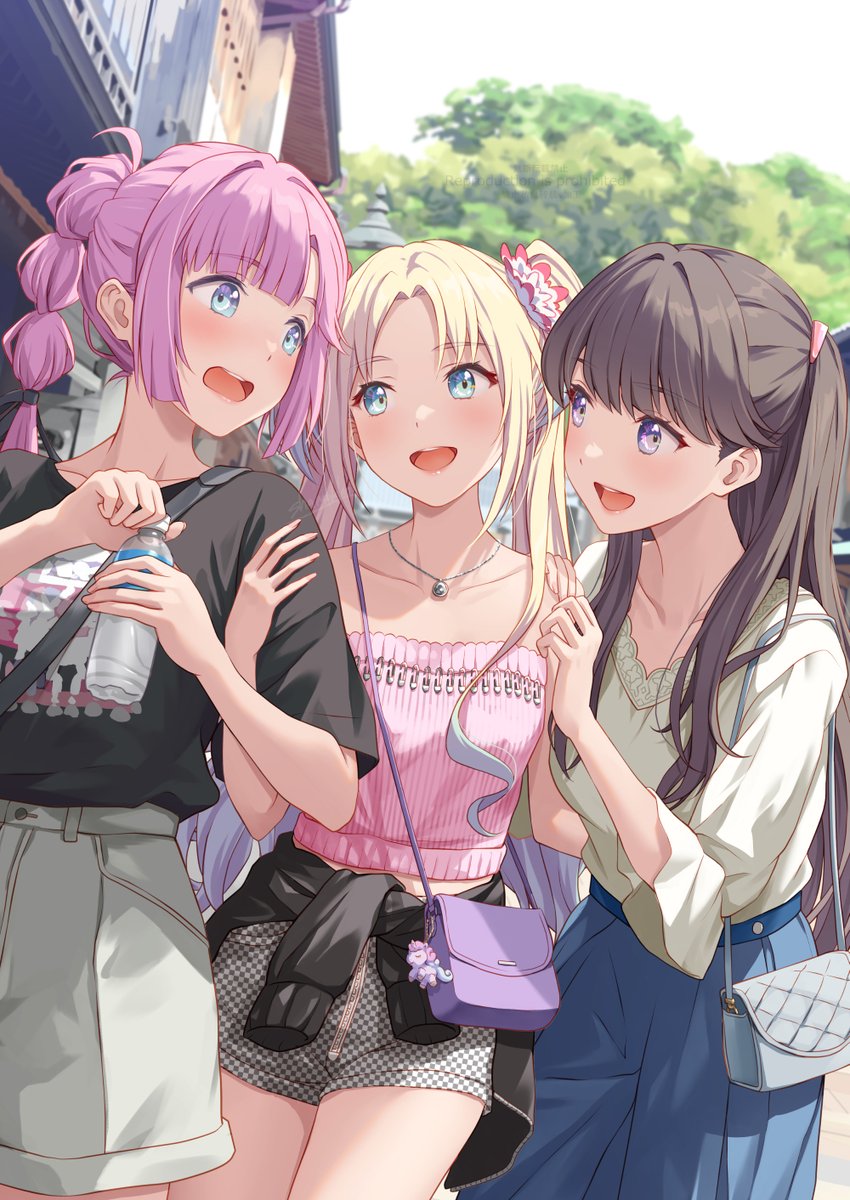 3girls, :d, ahoge, anyoji_hime, bag, bare_shoulders, black_jacket, black_ribbon, black_shirt, blonde_hair, blue_eyes, blue_hair, blue_skirt, blunt_bangs, bottle, breasts, brown_hair, casual, checkered_clothes, checkered_shorts, clothes_around_waist, collarbone, commentary, cowboy_shot, flower, fujishima_megumi, fujishima_megumi_(summer_casual), gradient_hair, grey_bag, hair_flower, hair_intakes, hair_ornament, hair_ribbon, highres, holding, holding_bottle, jacket, jacket_around_waist, jewelry, leather, leather_jacket, light_blue_hair, link!_like!_love_live!, long_hair, looking_at_another, love_live!, medium_breasts, midriff_peek, mira-cra_park!, multi-tied_hair, multicolored_hair, multiple_girls, necklace, open_mouth, opening_bottle, osawa_rurino, osawa_rurino_(summer_casual), outdoors, parted_bangs, pink_flower, pink_hair, pink_shirt, plastic_bottle, ponytail, purple_bag, purple_eyes, ribbon, shamakho, shirt, short_shorts, short_sleeves, shorts, shoulder_bag, sidelocks, skirt, three-quarter_sleeves, small_breasts, smile, strapless, strapless_shirt, swept_bangs, teeth, twintails, two_side_up, upper_teeth_only, virtual_youtuber, white_footwear, white_shorts