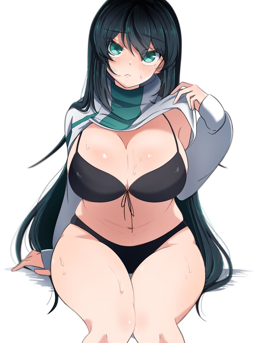 1girl, :<, black_bra, black_hair, black_panties, blush, bra, breasts, cleavage, green_eyes, grey_shrug, gundam, gundam_build_divers, gundam_build_divers_re:rise, hair_between_eyes, head_tilt, highres, juice_(jule_tyaojule), large_breasts, leaning_forward, long_hair, long_sleeves, looking_at_viewer, may_(gundam_build_divers_re:rise), navel, panties, shrug_(clothing), sitting, sleeves_past_wrists, solo, sweat, underwear, very_long_hair