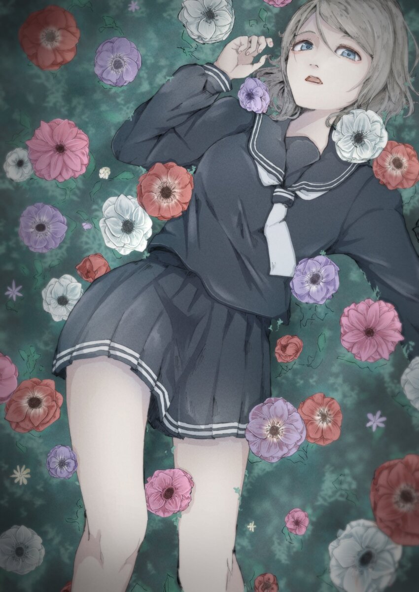 blue_eyes, flower, grass, highres, kiko_ycr, legs, looking_at_viewer, love_live!