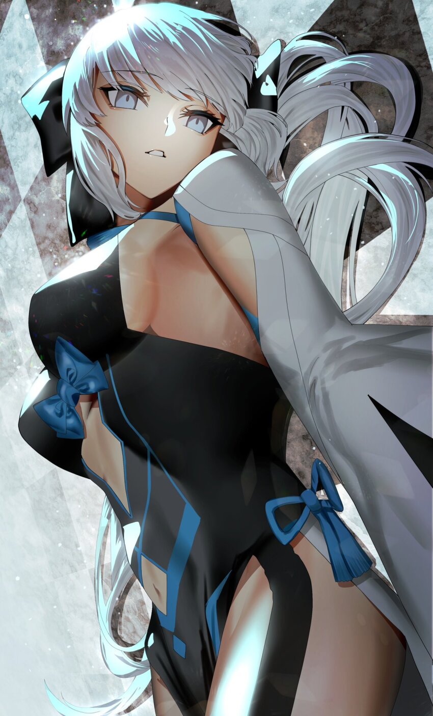 1girl, black_bow, black_dress, blue_eyes, blush, bow, braid, breasts