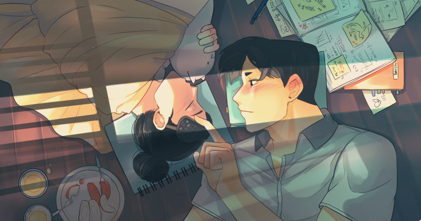 1boy, 1girl, black_hair, blush, book, closed_eyes, dappled_sunlight, fight_class_3