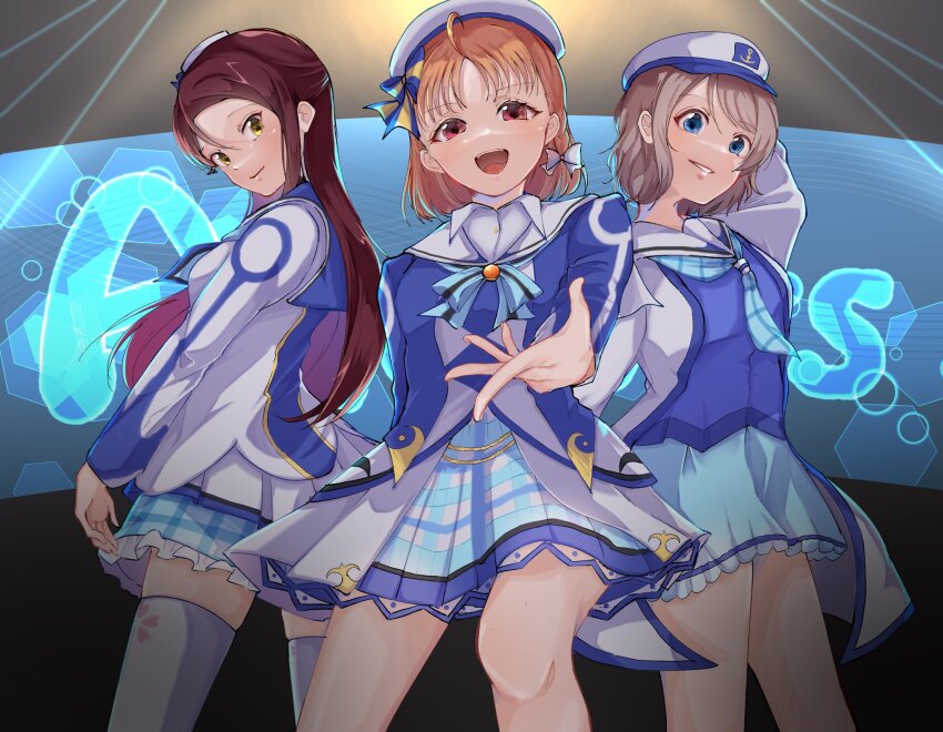 ahoge, blue_eyes, hat, highres, idol, kiko_ycr, legs, long_hair