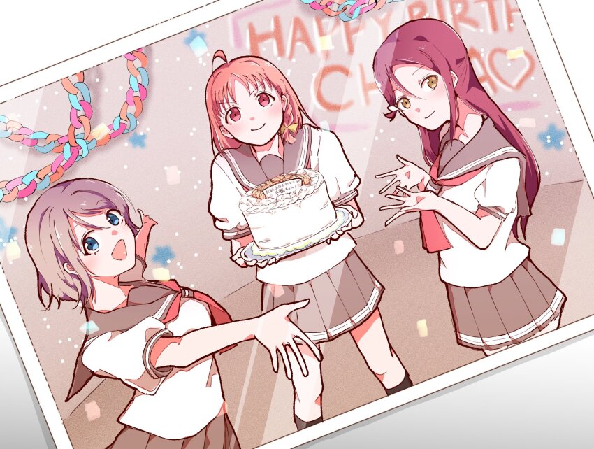 birthday, blue_eyes, cake, food, happy_birthday, highres, kiko_ycr, legs, long_hair, looking_at_viewer, love_live!, love_live!_sunshine!!, multiple_girls, necktie, open_mouth, sailor_collar, sakurauchi_riko, school_uniform, short_hair, simple_background, skirt, takami_chika, watanabe_you