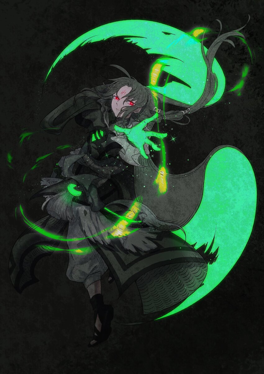 1boy, androgynous, black_hair, black_robe, cape, danannie, facial_mark, fire_emblem, fire_emblem:_path_of_radiance, fire_emblem_heroes, forehead_mark, glowing_clothes, highres, long_hair, male_focus, nintendo, pants, red_eyes, robe, sandals, solo, soren_(fire_emblem), soren_(resplendent)_(fire_emblem), two-sided_cape, two-sided_fabric, white_pants