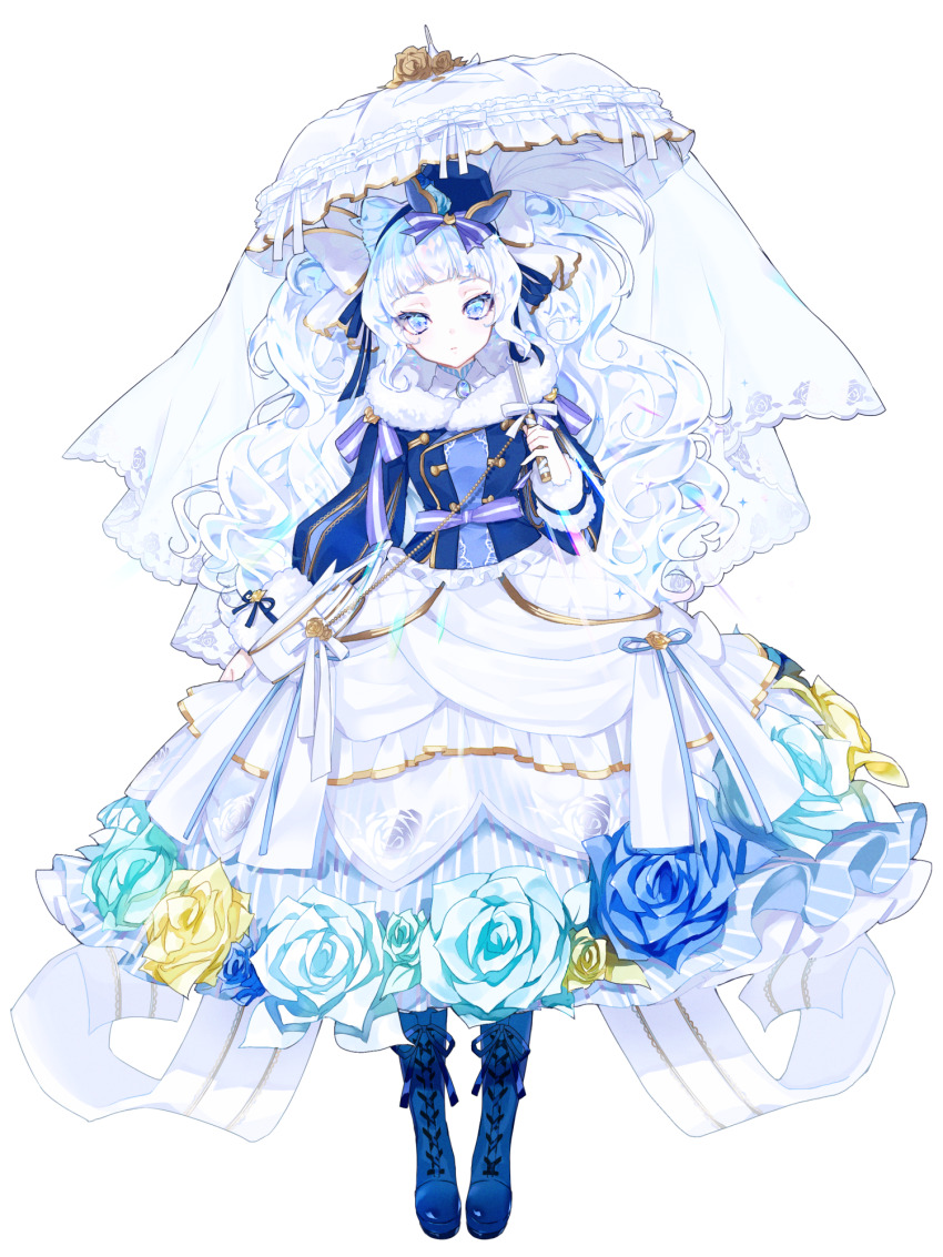 1girl, amelie_helville, blue_boots, blue_dress, blue_eyes, blue_hat, boots, bow, brooch, dairoku_ryouhei, dress, dress_flower, flower, full_body, fur_scarf, gold_trim, hair_bow, hat, highres, hishii_(tw), holding, holding_umbrella, jewelry, lace-up_boots, long_hair, long_sleeves, looking_at_viewer, pale_skin, parasol, ribbon, solo, standing, transparent_background, two-tone_dress, umbrella, veil, very_long_hair, white_bow, white_dress, white_hair, white_ribbon, white_umbrella