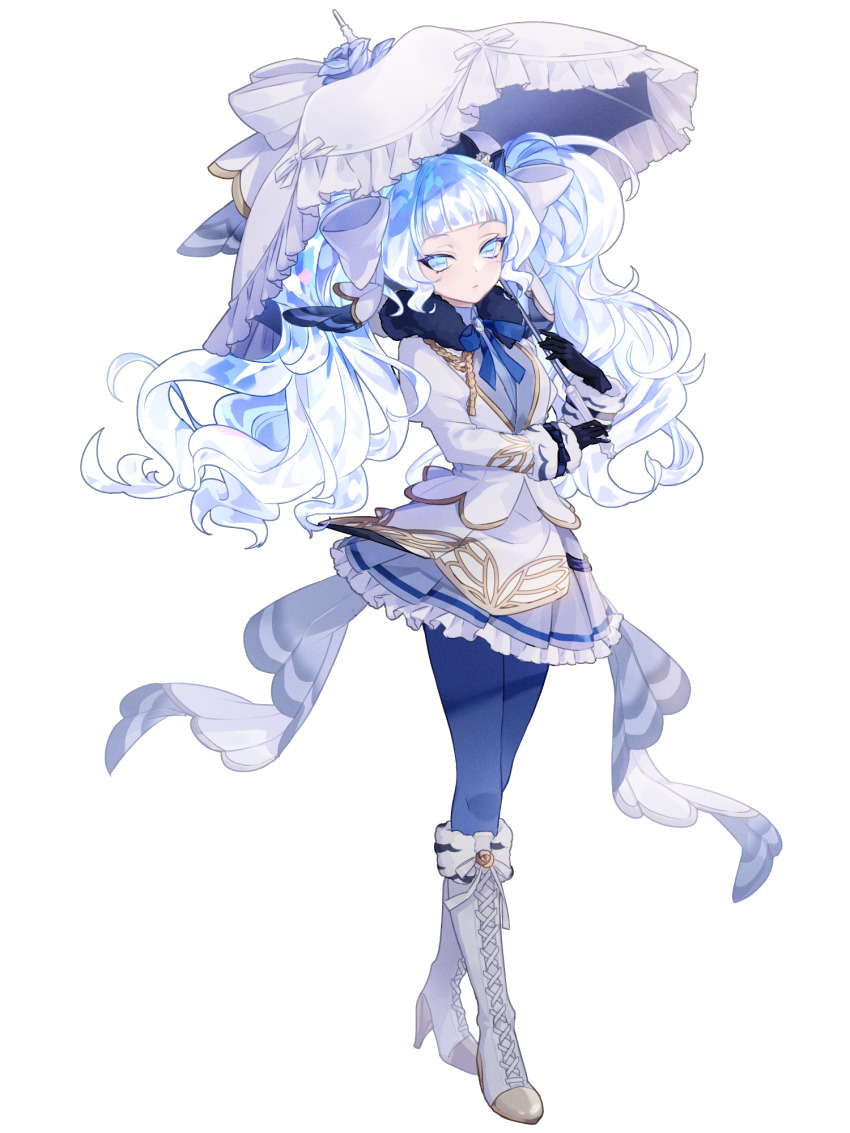 1girl, amelie_helville, black_gloves, blue_eyes, blue_pantyhose, blue_ribbon, blunt_bangs, boots