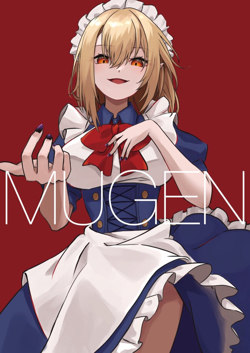 1girl, 4_shika, apron, blonde_hair, blue_corset, blue_dress, blue_nails, bow