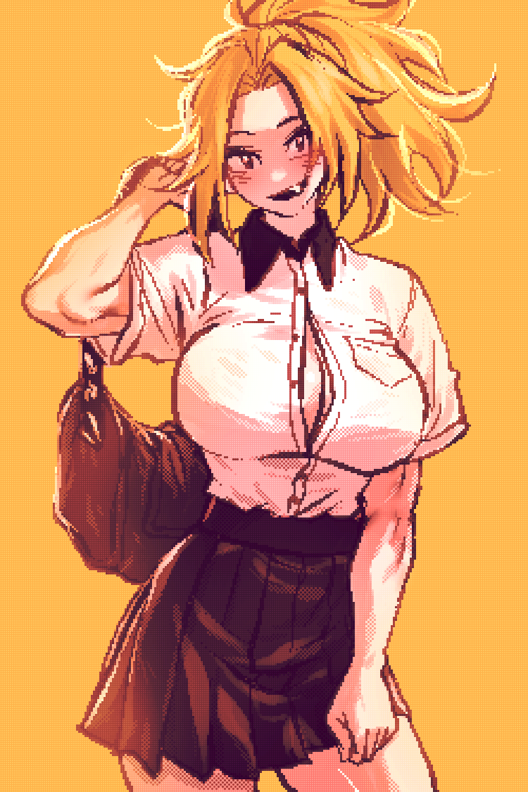 1girl, bag, black_collar, black_skirt, blush, breasts, cleavage, collar