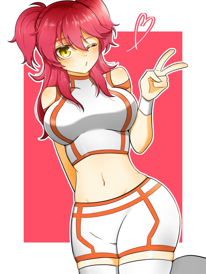 1girl, blowing_kiss, border, breasts, brown_eyes, cropped_shirt, freckles, groin