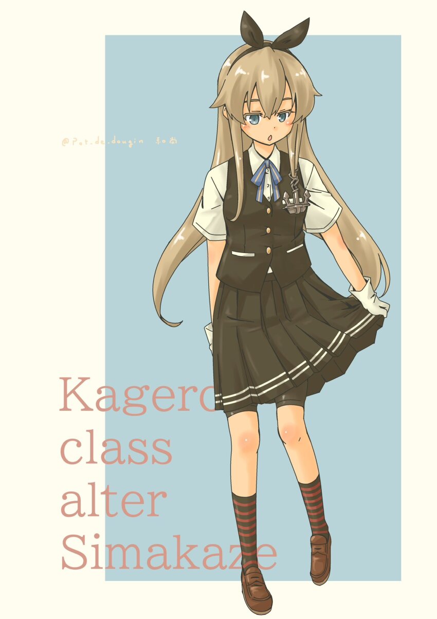 1girl, anchor_hair_ornament, bike_shorts, black_hairband, black_skirt, black_socks, black_vest, blonde_hair