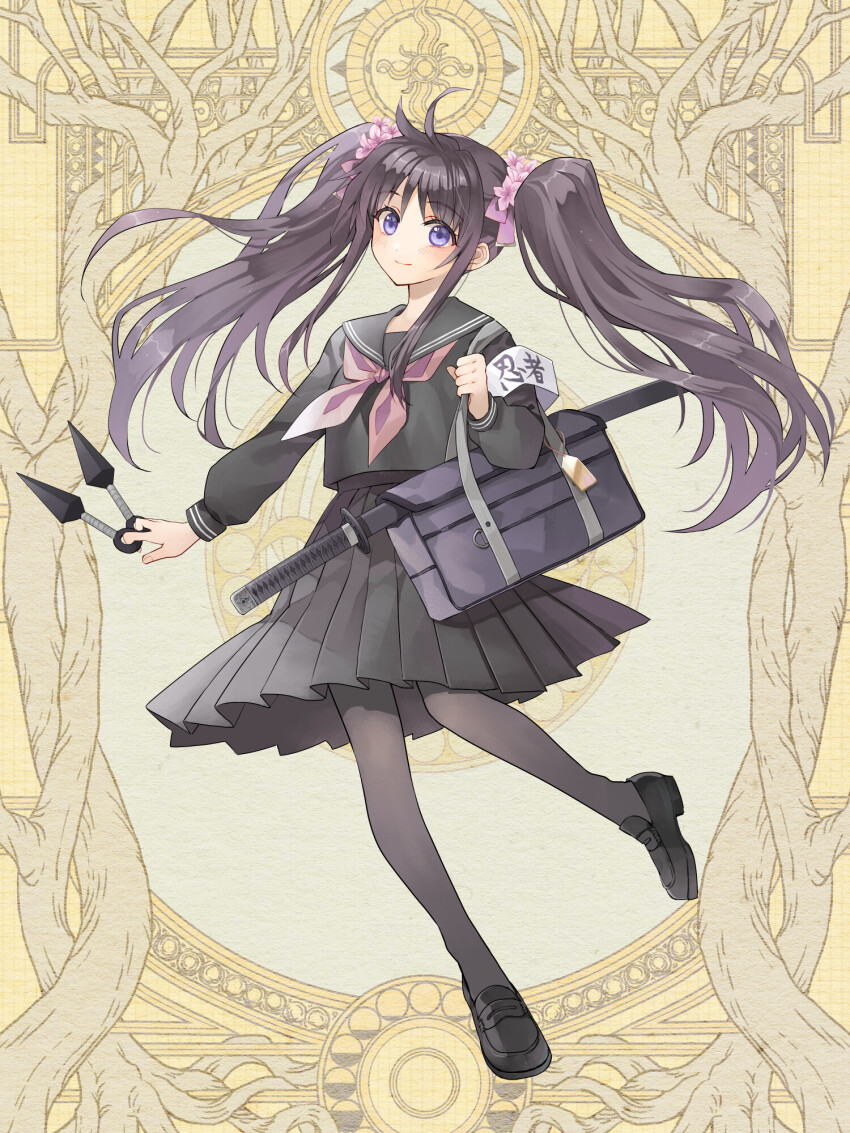 1girl, armband, bag, black_pantyhose, black_sailor_collar, black_serafuku, black_shirt, black_shoes, black_skirt, blue_eyes, blush, dairoku_ryouhei, flower, full_body, hair_flower, hair_ornament, hair_ribbon, hareiro_glass, highres, kunai, loafers, long_sleeves, neckerchief, pantyhose, pink_neckerchief, pink_ribbon, ribbon, sailor_collar, satsuki_ukagami, school_bag, school_uniform, serafuku, sheath, sheathed, shirt, shoes, skirt, solo, sword, translated, twintails, weapon, yellow_background
