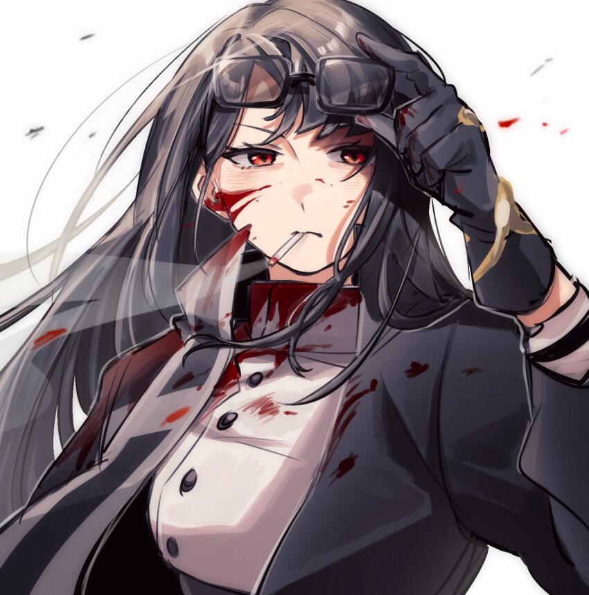 1girl, black_coat, black_gloves, black_hair, blood, blood_on_clothes, blood_on_face, cigarette