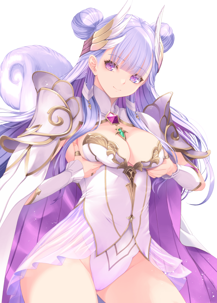 1girl, armor, breast_lift, breasts, cleavage, commentary_request, cowboy_shot, double_bun